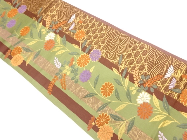 草花に波・籠目模様織出し袋帯